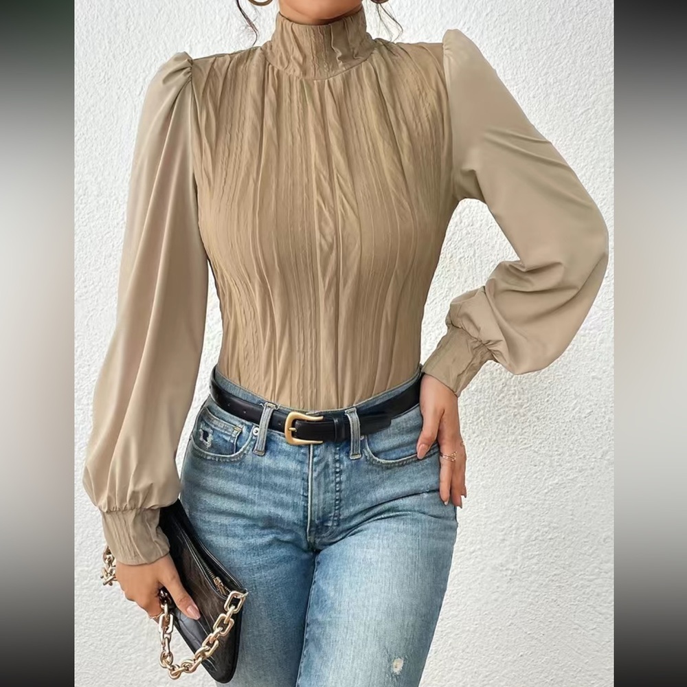 Luxe black ruched high neck long sleeve top - Picture 4 of 6